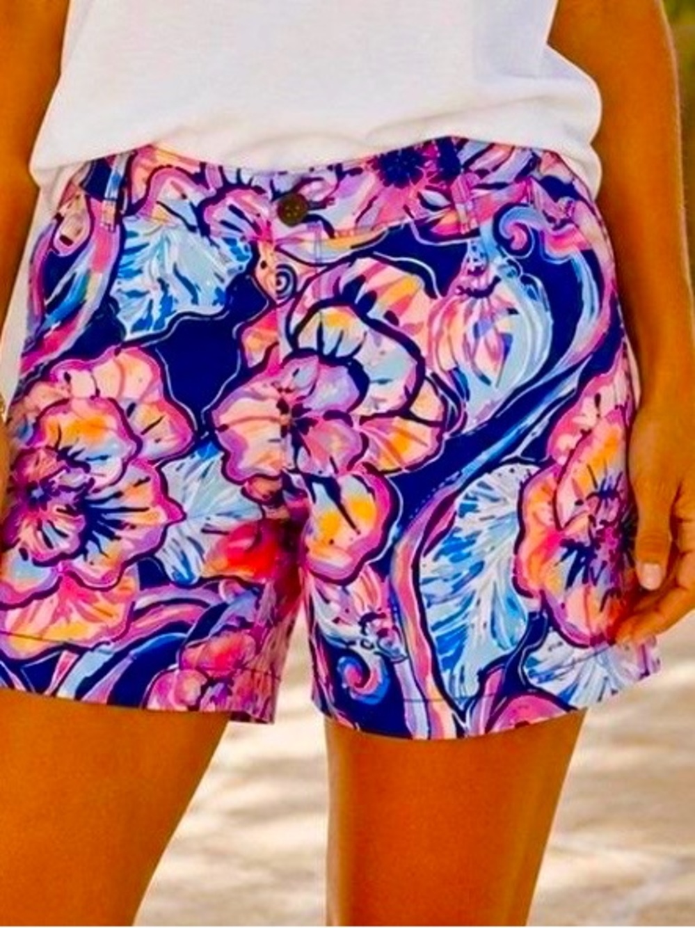 Lilly Pulitzer Jayne Stretch Navy Floral Bermuda Shorts with Pink